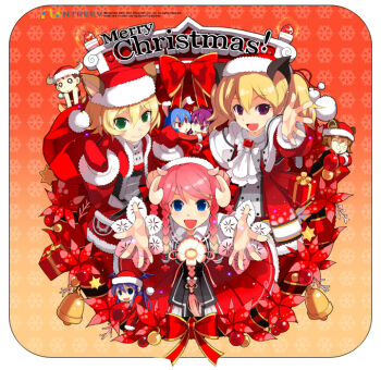 10s 6+girls animal_ears armcho blonde_hair blue_eyes braid brown_eyes buffalo_(trickster) bunny_(trickster) cat_(trickster) cat_ears christmas dragon_(trickster) dress everyone fox_(trickster) green_eyes happy hat head_wings horns lion_(trickster) multiple_girls open_mouth outstretched_hand pink_hair quad_tails raccoon_(trickster) santa_costume santa_hat sheep_(trickster) smile trickster_(ntreev_soft) wings