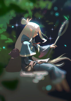 Rule 34 | 1girl, ambrosia (dungeon meshi), blonde hair, blue capelet, blue dress, book, capelet, commentary, day, dress, dungeon meshi, elf, english commentary, from side, highres, holding, holding book, holding staff, jiunn kuo, leaf, long hair, marcille donato, open book, outdoors, pointy ears, sitting, solo, sparkle, sparkling aura, staff