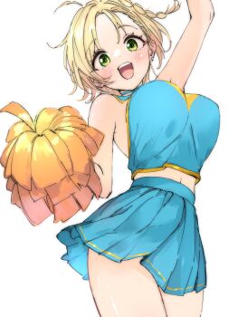 1girl :d ahoge arm_up armpits arms_up asymmetrical_hair bare_shoulders blonde_hair blue_choker blue_shirt blue_skirt blush bouncing_breasts braid breasts cheerleader childhood_friend_(ukitamilk) choker closed_eyes collarbone commentary_request cowboy_shot earrings from_below green_eyes hand_up hands_up heart highres jewelry large_breasts leaning_back looking_at_viewer midriff_peek miniskirt navel open_mouth original pleated_skirt pom_pom_(cheerleading) shirt short_hair simple_background single_braid skirt sleeveless sleeveless_shirt smile solo sweat tareme teeth translation_request ukitamilk upper_teeth_only white_background