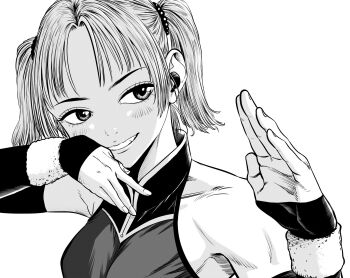 Rule 34 | 1girl, armpit peek, breasts, commentary request, detached sleeves, fighting stance, greyscale, hatching (texture), highres, lee (dragon garou), medium breasts, monochrome, original, portrait, sleeveless, sleeves past wrists, smile, solo, twintails, wristband