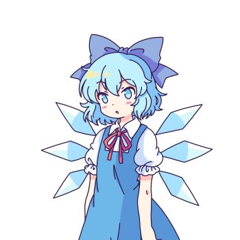 1girl absurdres blue_bow blue_dress blue_eyes blue_hair blush bow cirno collared_shirt commentary detached_wings dress english_commentary hair_bow highres ice ice_wings looking_at_viewer neck_ribbon open_mouth pinafore_dress pioartstuff puffy_short_sleeves puffy_sleeves red_ribbon ribbon shirt short_sleeves sleeveless sleeveless_dress solo touhou transparent_background white_shirt wings