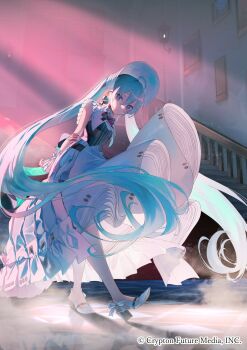 1girl ahoge aqua_eyes aqua_hair aqua_nails arms_behind_back black_ribbon bodice bow breasts collar commentary_request dress fingernails footwear_bow frilled_skirt frills full_body hatsune_miku headdress highres indoors layered_skirt long_hair long_skirt looking_at_viewer medium_breasts miku_symphony_(vocaloid) multiple_views nail_polish ribbon saraki skirt sleeveless sleeveless_dress slippers stairs standing twintails very_long_hair vocaloid white_bow white_collar white_headdress white_skirt white_slippers wrist_cuffs