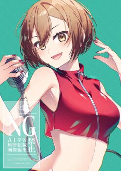 1girl aqua_background brown_eyes brown_hair cable commentary cropped_shirt highres holding holding_microphone kisuke_(nie) meiko_(vocaloid) microphone microphone_stand midriff nail_polish open_mouth red_nails red_shirt shirt signature sleeveless sleeveless_shirt solo vocaloid zipper