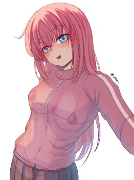 1girl artist_name bikini black_bikini blue_eyes blush bocchi_the_rock! bra_visible_through_clothes breasts g-string gotoh_hitori jacket lingerie long_hair medium_breasts niui_(user_afvr8485) open_mouth pink_hair pink_jacket pink_track_suit see-through_clothes side_ahoge simple_background smile solo swimsuit thong track_jacket track_suit underwear white_background