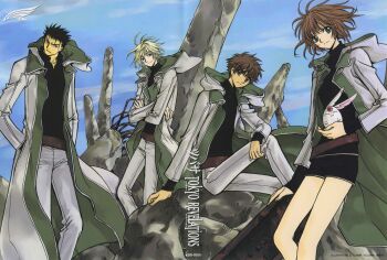 1girl 3boys absurdres black_hair blonde_hair brown_eyes brown_hair clamp coat crossed_arms fai_d._flowright green_eyes hands_in_pockets highres kurogane_(tsubasa_chronicle) looking_at_viewer mokona multiple_boys red_eyes ruins sakura_hime sitting spiked_hair tsubasa_chronicle xiaolang