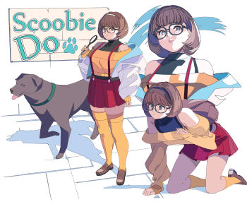 1girl absurdres animification black_shirt blue_eyes blunt_bangs breasts brown_footwear brown_hair closed_mouth commentary dog edoya_inuhachi full_body great_dane highres jacket loafers looking_at_viewer magnifying_glass multiple_views orange_sweater orange_thighhighs pleated_skirt scooby-doo scooby-doo_(character) shadow shirt shoes short_hair skirt smile suspenders sweater thighhighs turtleneck velma_dinkley white_background