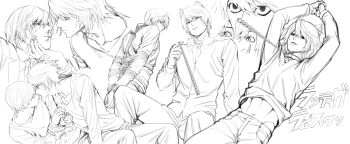 2boys animal_ears blood bound chain chain_leash clothes_lift commentary death_note greyscale hand_on_another's_chin highres l_(death_note) leash male_focus monochrome multiple_boys multiple_views nose nosebleed pants ruttika_shin shibari shirt_lift short_hair simple_background tied_up_(nonsexual) translation_request white_background yagami_light yaoi