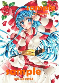 Rule 34 | 1girl, ainu clothes, arm up, artist name, blue eyes, blue hair, blush, breasts, fingerless gloves, flower, gloves, hair ribbon, highres, legs, long hair, looking at viewer, medium breasts, nakoruru, open mouth, pants, petals, ribbon, rose, rose petals, sample watermark, samurai spirits, snk, solo, the king of fighters, thighs, tongue, traditional media, watermark, weapon