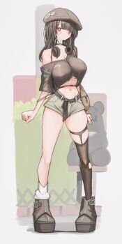 1girl asymmetrical_legwear black_choker black_hair boots breasts brown_boots brown_tank_top choker commentary_request genek hat headphones headphones_around_neck large_breasts off_shoulder original pin short_shorts shorts tank_top thighs