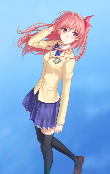 1girl blazer blush bow breasts chaos;head collared_shirt dress_shirt expressionless full_body hair_bow hair_ribbon highres jacket loafers long_hair long_sleeves looking_to_the_side miniskirt miura-n315 pink_eyes pink_hair plaid_clothes plaid_skirt pleated_skirt ribbon sakihata_rimi school_uniform science_adventure shirt shoes simple_background skirt small_breasts solo standing suimei_academy_school_uniform thighhighs white_shirt zettai_ryouiki