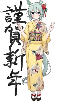 1girl animal_ears blue_eyes blush closed_mouth commentary_request double_v ear_covers floral_print floral_print_kimono flower grey_hair hair_between_eyes hair_flower hair_ornament highres horse_ears horse_girl horse_tail japanese_clothes kimono looking_at_viewer motti_(motthi0711) obi open_mouth print_kimono sandals sash seiun_sky_(umamusume) short_hair single_ear_cover smile socks solo tail umamusume v white_socks yellow_kimono