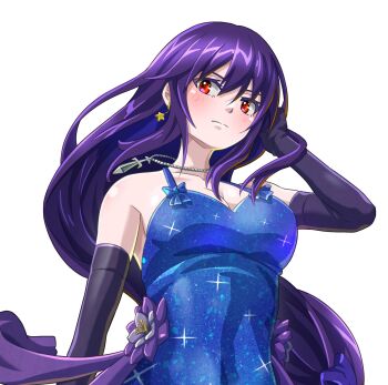 1girl bare_shoulders blue_dress breasts character_request cleavage collarbone commentary_request commission copyright_request dress earrings elbow_gloves gloves hand_in_own_hair highres ibuki_sakura_(sgw_v07) jewelry light_frown long_hair looking_at_viewer purple_gloves purple_hair red_eyes simple_background skeb_commission sleeveless sleeveless_dress solo sparkling_clothes star_(symbol) star_earrings sword_necklace white_background