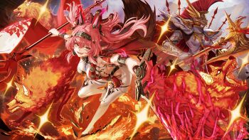 1girl absurdres armor arsinosa_(wuthering_waves) asymmetrical_dual_wielding black_bow bodysuit boots bow breastplate breasts commentary dual_wielding english_commentary greatsword hair_between_eyes hair_bow hair_ornament hairband headgear highres holding holding_polearm holding_sword holding_weapon long_hair looking_at_viewer lupa_(wuthering_waves) medium_breasts metal_hairband pink_hair polearm red_sash sash smile sword tacet_mark_(wuthering_waves) thigh_boots weapon white_bodysuit white_boots wolf wuthering_waves yellow_eyes yoshioka_(rockwell_sv)