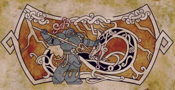 1boy adeptus_astartes armor commentary commission english_commentary gauntlets gij_arentz highres holding holding_polearm holding_weapon lightning male_focus polearm power_armor space_wolves spear tassel tongue tongue_out warhammer_40k weapon wyrm