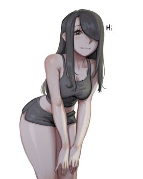 1girl bare_arms bare_shoulders black_eyes black_hair black_shorts black_tank_top breasts closed_mouth cowboy_shot eyes_visible_through_hair hair_over_one_eye highres leaning_forward long_hair looking_at_viewer medium_breasts midriff nila_(telepurte) original short_shorts shorts simple_background solo tank_top telepurte white_background