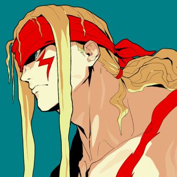 Rule 34 | 1boy, absurdres, alex (street fighter), blonde hair, blue eyes, body markings, closed mouth, collarbone, facial mark, frown, green background, headband, highres, male focus, ponytail, profile, red headband, sach56000, simple background, solo, street fighter, street fighter iii (series), topless male, upper body