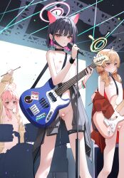 Rule 34 | 3girls, absurdres, ahoge, animal ears, bare shoulders, bass guitar, black hair, blonde hair, blue archive, blue eyes, blush, breasts, censored, choker, closed mouth, clothes around waist, colored inner animal ears, colored inner hair, drum, drum set, drumsticks, electric guitar, exhibitionism, extra ears, flat chest, guitar, hair ornament, halo, highres, holding, holding drumsticks, holding guitar, holding instrument, instrument, jacket, jacket around waist, kazusa (band) (blue archive), kazusa (blue archive), long hair, long sleeves, looking at viewer, low twintails, mask, mask pull, microphone, mouth mask, multicolored hair, multiple girls, music, naked jacket, natsu (band) (blue archive), natsu (blue archive), nipples, official alternate costume, open clothes, open jacket, open mouth, paid reward available, pink eyes, pink hair, playing instrument, public indecency, pussy, pussy juice, ribbon, shirt, short hair, skirt, smile, standing, thigh strap, twintails, very long hair, xiao lin jiu, yoshimi (band) (blue archive), yoshimi (blue archive)