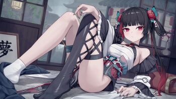 1girl bare_shoulders breasts character_request cleavage commentary_request copyright_request detached_sleeves dress frilled_sleeves frills indoors long_hair looking_at_viewer medium_breasts pelvic_curtain red_eyes solo suumon twintails