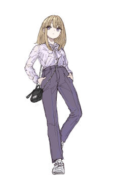 1girl alternate_costume bag black_bag blonde_hair bow bowtie closed_mouth dress_shirt hands_in_pockets highres kashiwada_kiiho maribel_hearn medium_hair pants purple_eyes purple_pants shirt shirt_tucked_in shoes shoulder_bag sidelocks simple_background solo standing standing_on_one_leg touhou white_background white_bow white_bowtie white_shirt white_shoes