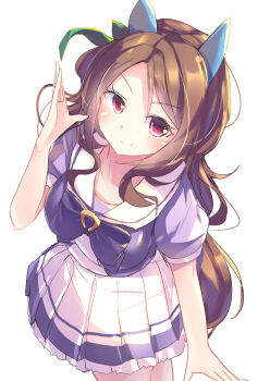 Rule 34 | 1girl, absurdres, animal ears, blush, bow, bowtie, breasts, brown hair, closed mouth, commentary request, ear bow, ear covers, ear ribbon, green bow, highres, horse ears, horse girl, horse tail, kanzakietc, king halo (umamusume), large breasts, long hair, looking at viewer, pleated skirt, puffy short sleeves, puffy sleeves, purple bow, purple bowtie, purple shirt, red eyes, sailor collar, sailor shirt, school uniform, shirt, short sleeves, simple background, skirt, smile, solo, tail, tracen school uniform, umamusume, white background, white sailor collar, white skirt