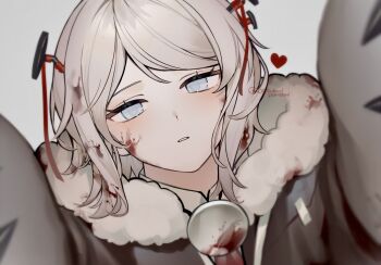 1girl blood blood_on_clothes blood_on_face dosukoiponiponi e.g.o_(project_moon) faust_(project_moon) hex_nail_(e.g.o) limbus_company looking_at_viewer nail_(hardware) nail_in_head open_mouth project_moon red_ribbon ribbon short_hair simple_background solo white_background white_hair