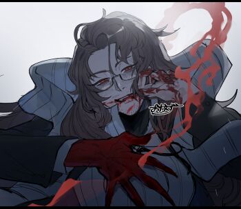 1boy :d absurdres bags_under_eyes beard_stubble black-framed_eyewear black_coat black_suit blood blood_from_mouth blood_on_cheek blood_on_face blood_on_hands blood_on_mouth blood_splatter blood_stain blush brown_hair coat collared_shirt colored_extremities colored_skin evil_grin evil_smile facial_hair fangs fingernails floating floating_clothes formal_clothes glasses gregor_(project_moon) grey_background grin hair_between_eyes half-closed_eyes hands_up head_tilt high_collar highres horror_(theme) la_manchaland_(identity)_(project_moon) limbus_company long_hair long_sleeves looking_at_viewer male_focus neck_ribbon official_alternate_costume open_mouth portrait project_moon red_eyes red_skin ribbed_shirt ribbon scarf semi-rimless_eyewear sharp_fingernails sharp_teeth shirt simple_background slit_pupils smile smirk smoke smug solo stole striped_clothes striped_scarf stubble suit teeth tongue under-rim_eyewear upper_body upper_teeth_only vampire white_background white_scarf white_shirt white_stole