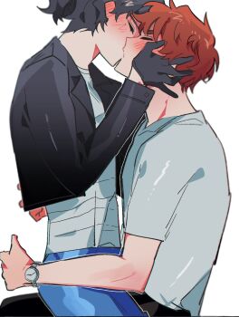 Rule 34 | 1boy, 1girl, animification, black hair, black jacket, black pants, blue pants, blush, brown hair, closed eyes, commentary request, couple, from side, hands on another's cheeks, hands on another's face, hetero, highres, jacket, jay (ninjago), kiss, korean commentary, long sleeves, ninjago, nya (ninjago), open clothes, open jacket, outline, pants, ponytail, samgu 1, shirt, short hair, short sleeves, simple background, sitting, sitting on lap, sitting on person, striped clothes, striped shirt, the lego ninjago movie, watch, white background, white outline, white shirt, wristwatch