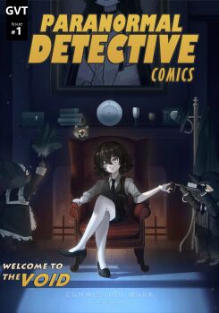 1930s_fashion alcohol alternate_costume alternate_hair_length alternate_hairstyle armchair black_hair black_necktie black_shoes black_vest book chair clock clothes_hanger comic_cover commission cup double-parted_bangs drinking_glass duster feather_duster fireplace grimmi_(vtuber) highres indie_virtual_youtuber maid moonlight necktie night pale_skin plate pouring shirt shoes short_hair sitting skelter_(grimmivt) sleeves_rolled_up slip-on_shoes thighhighs vest virtual_youtuber white_thighhighs wine wine_glass yellow_eyes zeranium_(zeranium17)