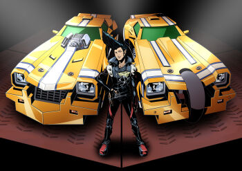 1boy absurdres arm_at_side belt_buckle black_hair black_jacket black_pants brown_eyes buckle car commentary_request earrings from_above full_body grey_shoes grin hand_on_own_hip head_tilt highres ho-hon indoors jacket jewelry jp_(redline) knee_pads leather leather_jacket legs_apart long_hair long_sleeves looking_at_viewer looking_up male_focus motor_vehicle multicolored_shoes multiple_rings open_clothes open_jacket open_mouth pants pauldrons pointy_ears pompadour popped_collar red_shoes redline ring shadow shoes sideburns skull_and_crossbones smile solo spiked_pauldrons spikes spotlight standing striped_sleeves trans_am_20000_wr_(redline) turning_head two-tone_shoes zipper zipper_pull_tab