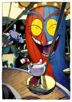 2boys 3boys absurdres aiming aircraft beach beppi_the_clown carnival carousel circus_tent clenched_teeth closed_eyes clown commentary cuphead cuphead_(game) doi_m2000 drinking_straw ferris_wheel fighting gloves grin gun hair_ornament highres huge_weapon jumping laughing launching male_focus menacing monster mugman multiple_boys night outdoors pointing roller_coaster smile teeth weapon white_gloves