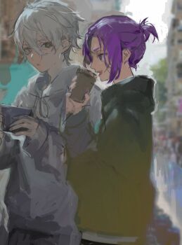 Rule 34 | 2boys, black pants, blue lock, cellphone, commentary request, cup, drink, eye contact, green hoodie, grey eyes, grey hoodie, hand up, high ponytail, highres, holding, holding cup, holding phone, hood, hood down, hoodie, looking at another, male focus, mikage reo, multiple boys, nagi seishirou, open mouth, pants, phone, ponytail, purple eyes, purple hair, short hair, short ponytail, simple background, smartphone, talking, white hair, yaoi, ysokzo