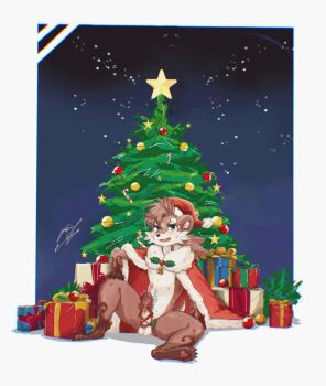 1boy 815147h animal_ears barefoot blush box candy candy_cane cape christmas_ornaments christmas_tree claws commentary erection fang food fur-trimmed_cape fur_trim furry furry_male gift gift_box green_eyes hat highres male_focus night open_mouth otter_(housamo) otter_boy otter_ears pawpads penis red_cape santa_hat shota signature sky smile sounding star_(sky) star_(symbol) sweatdrop symbol-only_commentary testicles tokyo_houkago_summoners urethral_insertion whiskers