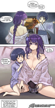 1boy 1girl absurdres age_difference alternate_costume arm_up armpit_crease back bare_back bare_shoulders black_panties blue_hair blue_kimono blue_sash blunt_ends blush book breasts child chroong cleavage_cutout closed_eyes clothing_cutout collarbone controller crying defeat dialogue_box empty_eyes english_text flower_ornament from_side game_controller game_screenshot genshin_impact gradient_hair hair_between_eyes hair_bun hair_ornament happy height_difference highres holding holding_book holding_controller holding_game_controller huge_breasts japanese_clothes kimono korean_commentary large_breasts long_braid long_hair long_sleeves looking_at_another mixed-language_commentary mother_and_child mother_and_son multicolored_hair no_pupils off_shoulder onee-shota open_clothes open_mouth panties playing_games pulling_another&#039;s_clothes purple_eyes purple_hair purple_kimono purple_nails raiden_shogun sad sash scaramouche_(genshin_impact) scaramouche_(kabukimono)_(genshin_impact) screencap shaded_face short_hair single_hair_bun sitting sitting_on_person spread_legs standing streaked_hair tearing_up teeth thick_thighs thighs translated underwear upper_teeth_only wide_sleeves