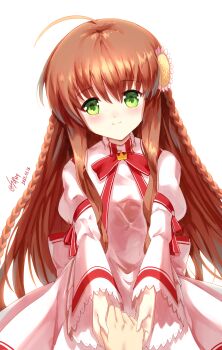 1girl ahoge arm_ribbon artist_name bad_id bad_pixiv_id braid breasts brown_hair closed_mouth collared_dress dated dress flower flower_request green_eyes hair_between_eyes hair_flower hair_ornament hand_grab head_tilt high_collar highres kanbe_kotori long_dress long_hair long_sleeves looking_at_viewer neck_ribbon pink_dress pov pov_hands raised_eyebrows red_dress red_ribbon rewrite ribbon signature simple_background small_breasts smile solo straight-on straight_hair sunnysideup turtleneck turtleneck_dress twin_braids twitter_username two-tone_dress white_background