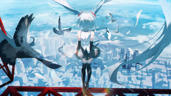 1girl absurdres aqua_hair bare_shoulders bird city cityscape commentary_request detached_sleeves dove facing_away floating_hair flock from_behind hatsune_miku highres long_hair naovo solo thighhighs twintails very_long_hair vocaloid zettai_ryouiki