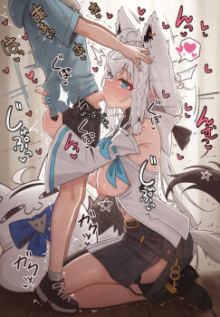 1boy 1girl ^^^ age_difference animal_ear_piercing animal_ears aqua_eyes assertive_female black_footwear black_shorts blue_nails blue_shirt braid breasts breasts_out censored detached_sleeves extra_ears fellatio fingernails fox_ears fox_girl fox_tail from_side fubuzilla_(shirakami_fubuki) heart highres hololive hood hood_down hooded_shirt kneeling large_breasts low_ponytail nail_polish navel nipples onee-shota oral paid_reward_available pentagram ponytail shirakami_fubuki shirakami_fubuki_(1st_costume) shiroi_yoru shirt short_shorts short_sleeves shorts shota single_braid socks sound_effects tail thighs trembling virtual_youtuber white_hair white_hood white_sleeves white_socks wide_sleeves wooden_floor