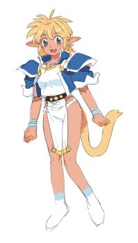 1girl :d blonde_hair blue_eyes blue_jacket cropped_jacket dress fam_(ruin_explorers) fang full_body gan2 high_collar highres hikyou_tanken_fam_&amp;_ihrie jacket open_clothes open_jacket open_mouth panties pelvic_curtain pointy_ears short_sleeves simple_background smile solo tail underwear white_background white_dress white_panties yellow_tail