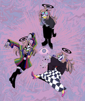 1girl dancing deltarune dress english_text halo halojack_(huecycles) highres huecycles long_skirt multicolored_eyes original sharp_teeth skirt teeth utdr_(toby_fox)