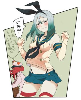 1boy 1girl abyssal_admiral_(kancolle) abyssal_ship admiral_(kancolle) black_eyes black_neckerchief black_panties blue_sailor_collar blue_skirt blush breasts clenched_hands clenched_teeth colored_skin cosplay crop_top emu_(eomou) gloves gradient_hair hat highleg highleg_panties kantai_collection long_hair medium_breasts microskirt miniskirt multicolored_hair navel neckerchief non-human_admiral_(kancolle) octopus_boy panties pleated_skirt sailor_collar shimakaze_(kancolle) shimakaze_(kancolle)_(cosplay) skirt sleeveless solo_focus speech_bubble starfish striped_clothes striped_thighhighs ta-class_battleship teeth thighhighs translation_request underwear white_skin