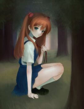 1girl :&lt; artist_name black_shoes blue_eyes blue_skirt bublikoe closed_mouth collared_shirt commentary dress_shirt forest from_side full_body grass hair_between_eyes hand_on_ground highres interface_headset_(evangelion) loafers long_hair looking_at_viewer looking_to_the_side nature neck_ribbon neon_genesis_evangelion outdoors red_hair red_ribbon ribbon school_uniform shirt shoes skirt socks solo souryuu_asuka_langley squatting suspender_skirt suspenders tokyo-3_middle_school_uniform tree undone_neck_ribbon white_shirt white_socks
