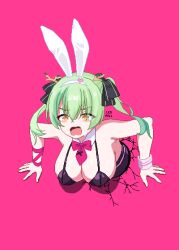 Rule 34 | 1girl, absurdres, animal ears, antlers, artist name, bare shoulders, bow, bowtie, breasts, ceres fauna, cleavage, crack, detached collar, fake animal ears, green hair, heart, highres, hololive, hololive english, horns, large breasts, leopxl, leotard, looking down, open mouth, parody, pink background, pink bow, pink bowtie, pixel art, rabbit ears, rabbit hole (vocaloid), shiny skin, sweatdrop, twintails, virtual youtuber, wavy mouth, wrist cuffs, yellow eyes