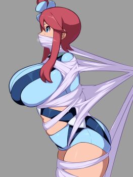 Rule 34 | 1girl, arms behind back, bdsm, blue eyes, bondage, bound, breasts, crop top, flower hairpin, gagged, grey background, huge breasts, kerriaria, legs together, long sidelocks, long sleeves, navel, nintendo, okura (okra sticky), pokemon, pokemon bw, profile, red hair, short shorts, shorts, side ponytail, sidelocks, skindentation, skyla (pokemon), solo, sweatdrop, thighs