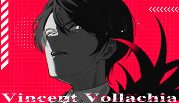 1boy absurdres black_hair character_name collared_shirt commentary_request copyright_name from_side fur_trim gluc000se greyscale_with_colored_background grid_background hair_between_eyes highres jacket limited_palette looking_at_viewer male_focus monochrome nose open_mouth partially_shaded_face pointy_nose polka_dot portrait re:zero_kara_hajimeru_isekai_seikatsu red_background red_theme serious shirt short_hair solo teeth upper_teeth_only vincent_vollachia white_eyes