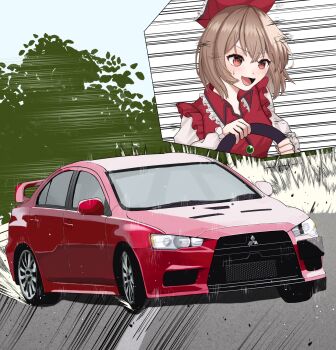 Rule 34 | 1girl, brown hair, car, commentary request, commission, dinotodon, driving, frilled shirt collar, frills, hat, highres, long sleeves, lyrica prismriver, medium hair, motion lines, motor vehicle, open mouth, red car, red eyes, red hat, shirt, skeb commission, solo, speed lines, steering wheel, sweatdrop, touhou, tree, vehicle request, white shirt