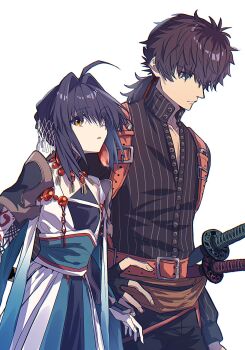 Rule 34 | 1boy, 1other, arm guards, arm markings, belt, black gloves, black hair, braid, braided bun, brown belt, dress, earrings, fate/samurai remnant, fate (series), feminization, fingerless gloves, gloves, hair bun, highres, jewelry, katana, low ponytail, magatama, magatama earrings, miyamoto iori (fate), miyamoto iori (phantasmal dress) (fate), official alternate hairstyle, orange eyes, other with male, partially unbuttoned, pinstripe pattern, pinstripe shirt, ponytail, ruko072, sheath, sheathed, shirt, shoulder guard, single glove, striped clothes, striped shirt, sword, vertical-striped clothes, vertical-striped shirt, weapon, white background, white dress, yamato takeru (fate), yamato takeru (phantasmal dress) (fate)