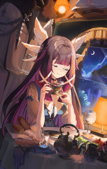 1girl alternate_costume black_hair closed_eyes closed_mouth columbina_(genshin_impact) crescent_moon cup eye_mask food genshin_impact highres holding holding_cup holding_plate indoors long_hair mask moon multicolored_hair night night_sky pioko plate purple_hair short_sleeves sitting sky smile solo teacup two-tone_hair very_long_hair