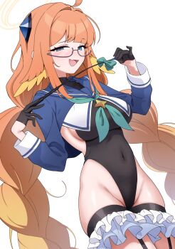 Rule 34 | 1girl, :d, ahoge, aqua neckerchief, black gloves, black leotard, blue archive, blue eyes, blue shrug, blunt bangs, braid, braided twintails, breasts, commentary, covered navel, cowboy shot, crotchless, dutch angle, fang, feather hair, frilled thigh strap, glasses, gloves, groin, hair intakes, half gloves, halo, hands up, highleg, highleg leotard, highres, holding, holding riding crop, impossible clothes, impossible leotard, large breasts, leotard, long hair, long sleeves, looking at viewer, low twintails, meruki, naughty face, neckerchief, official alternate costume, official alternate hairstyle, open mouth, orange hair, purple-framed eyewear, riding crop, semi-rimless eyewear, shimiko (blue archive), shimiko (magical) (blue archive), shrug (clothing), sidelocks, simple background, skin fang, smile, solo, super highleg, thigh strap, twin braids, twintails, very long hair, white background, yellow halo