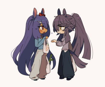 2girls animal_ears bag bandaid bandaid_on_face bandaid_on_nose black_hair black_pants blue_shirt blush breasts closed_mouth dark-skinned_female dark_skin deformed ear_ornament ear_scrunchie fang grey_pants grey_sweater hair_between_eyes hair_ornament hairclip highres hishi_amazon_(umamusume) horse_ears horse_girl horse_tail hwipa_(param_blue) long_hair long_sleeves looking_at_viewer multiple_girls narita_brian_(umamusume) open_mouth pants ponytail red_eyes red_scrunchie scrunchie shirt shopping_bag smile spring_onion sweater tail umamusume very_long_hair yellow_eyes