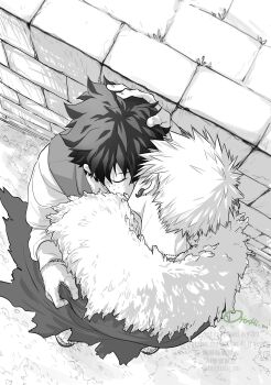 2boys bakugou_katsuki boku_no_hero_academia cape closed_eyes commentary_request earrings freckles fur-trimmed_cape fur_trim greyscale hand_on_another's_head highres jewelry kiss long_sleeves male_focus midoriya_izuku monochrome multiple_boys official_alternate_costume oroshi_mi outdoors piercing short_hair standing torn_cape torn_clothes vest yaoi