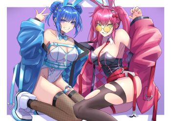 2girls absurdres alternate_costume animal_ears bare_shoulders black_leotard black_thighhighs blue_hair blue_jacket border breasts claw_pose cleavage commentary_request double_bun duel_monster evil_twin_ki-sikil evil_twin_lil-la fake_animal_ears green_eyes hair_bun highres jacket ki-sikil_(yu-gi-oh!) large_breasts leotard lil-la_(yu-gi-oh!) lipstick_mark lipstick_mark_on_breast long_hair multiple_girls open_clothes open_jacket parted_lips playboy_bunny purple_background purple_eyes rabbit_ears red_hair red_jacket shiina_aono simple_background single_thighhigh smile strapless strapless_leotard sunglasses thighhighs torn_clothes torn_thighhighs twintails w white_border white_leotard yu-gi-oh!